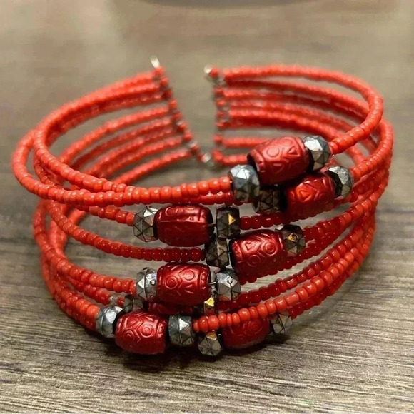 Eight Strand Beaded Red and Silver Bracelet - Picture 1 of 2